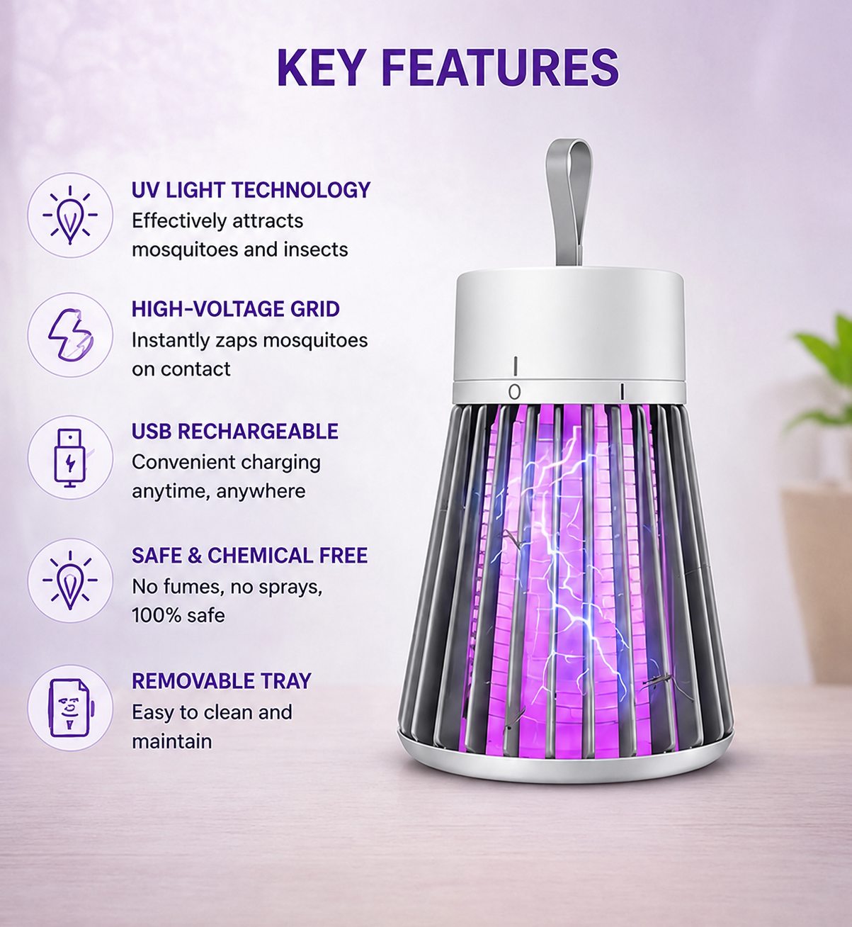 Electric Mosquito Killer Lamp – USB Rechargeable Bug Zapper with 360° UV Attraction