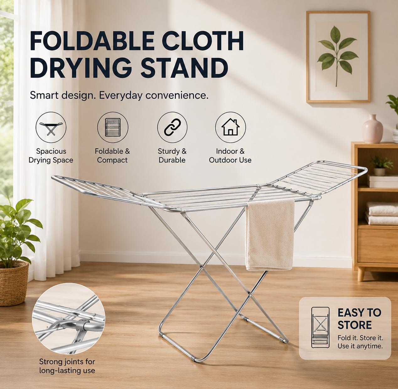 Foldable Cloth Drying Stand – Stainless Steel Clothes Dryer Rack | Space-Saving Laundry Organizer